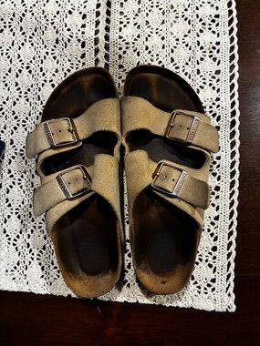 Birkenstock Arizona Suede Two-Strap Sandals in Taupe Brown